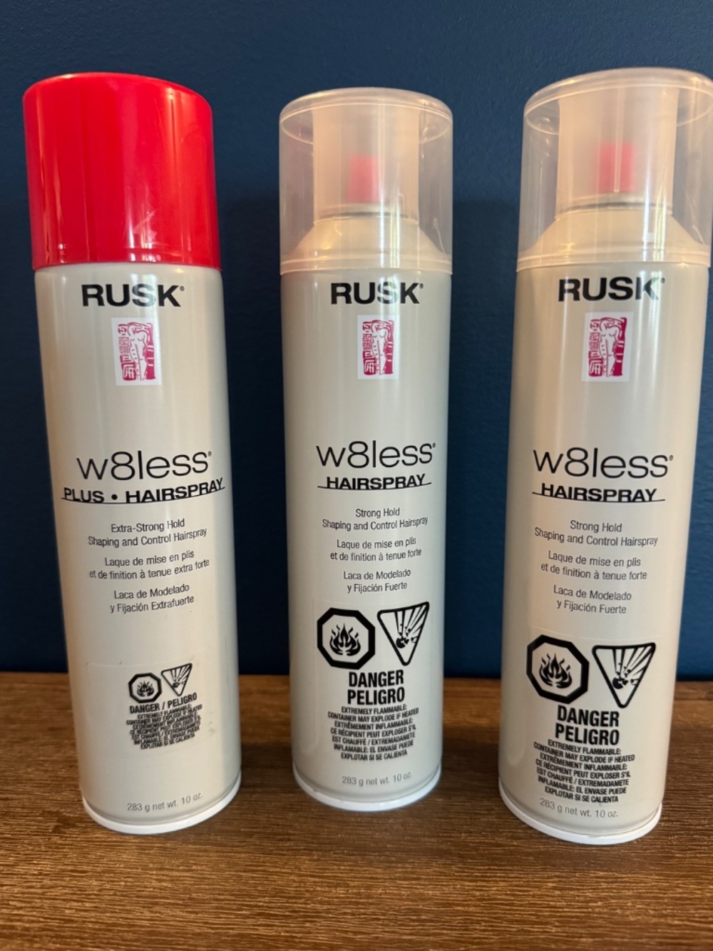 Lot of 3 Rusk W8less Hairspray 2 Strong Hold & 1 Plus Extra-Strong 10 oz / 283 g